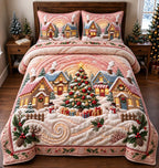 Blush Winter Village quilted 3-piece bedding set on a made bed in a winter-styled bedroom