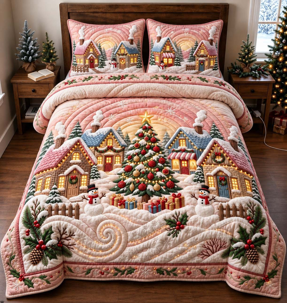 Blush Winter Village quilted 3-piece bedding set on a made bed in a winter-styled bedroom