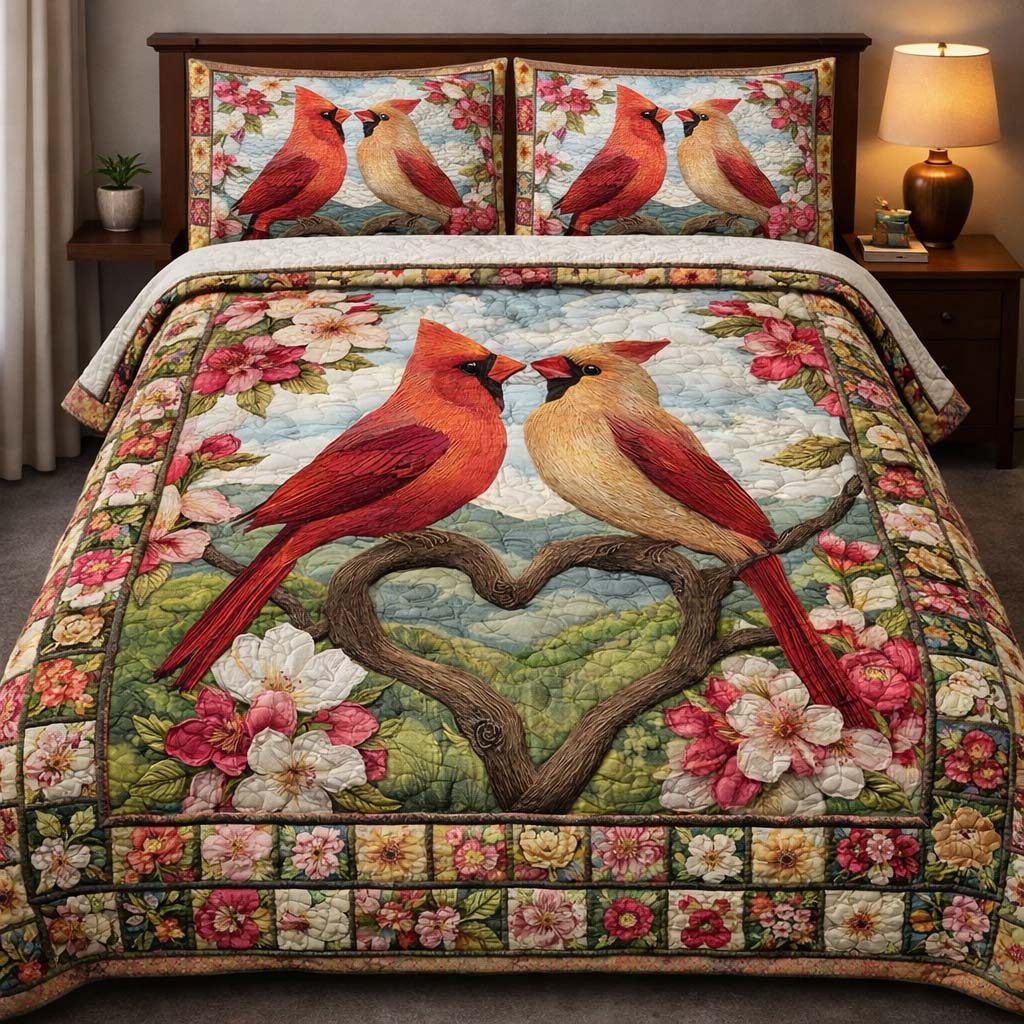 Blushing Cardinal Love 3-Piece Quilted Bedding Set GFTOHD14030 quilted 3-piece bedding set on a made bed with two matching pillow shams