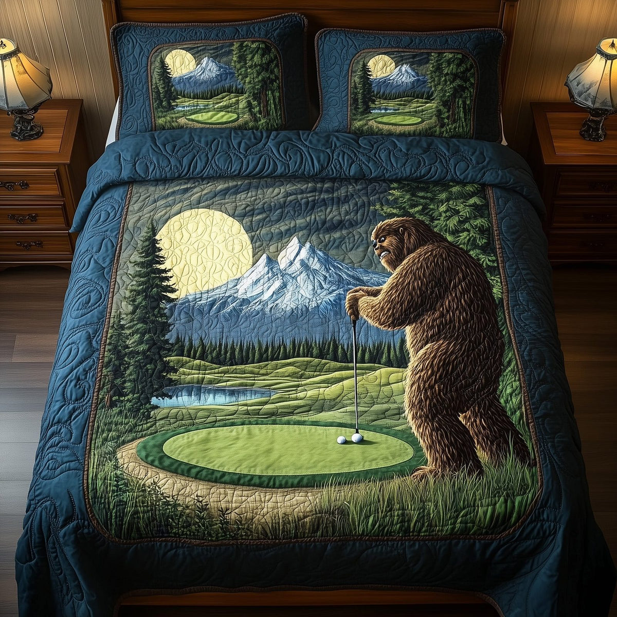 Bogey Putt 3-Piece Quilted Bedding Set GFTOTL3636 quilted 3-piece bedding set on a made bed with two matching pillow shams