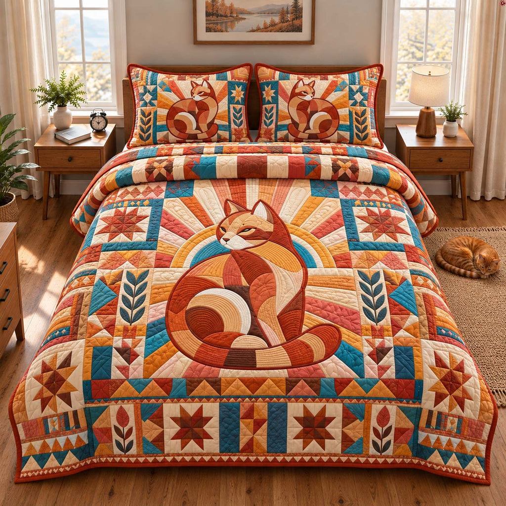 Boho Cat quilted 3-piece bedding set on a made bed with two matching pillow shams