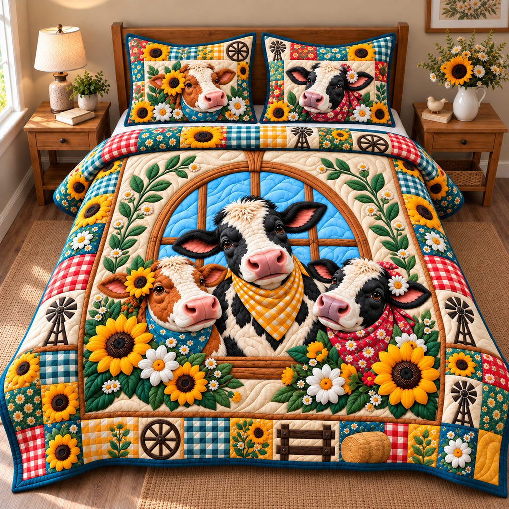 Boho Funky Cow quilted 3-piece bedding set on a made bed with two matching pillow shams
