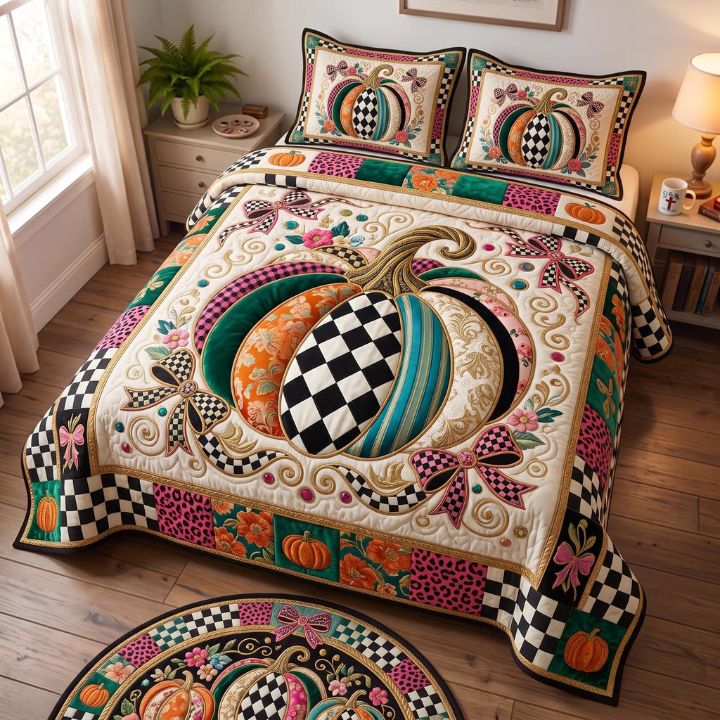 Boho Pumpkin 3-Piece Quilted Bedding Set GFTOMA13264 quilted 3-piece bedding set on a made bed against a dark styled interior