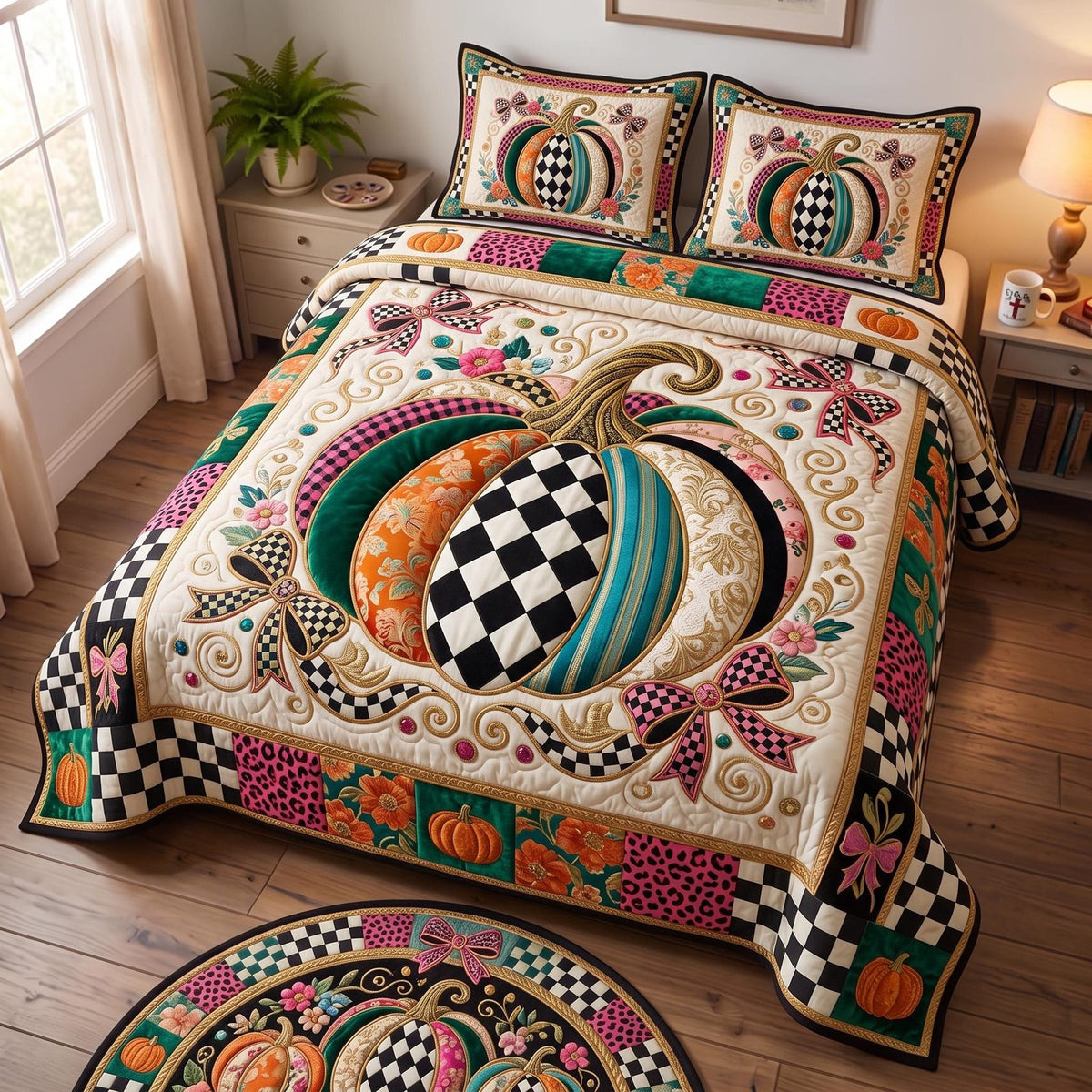 Boho Pumpkin 3-Piece Quilted Bedding Set GFTOMA13264 quilted 3-piece bedding set on a made bed against a dark styled interior