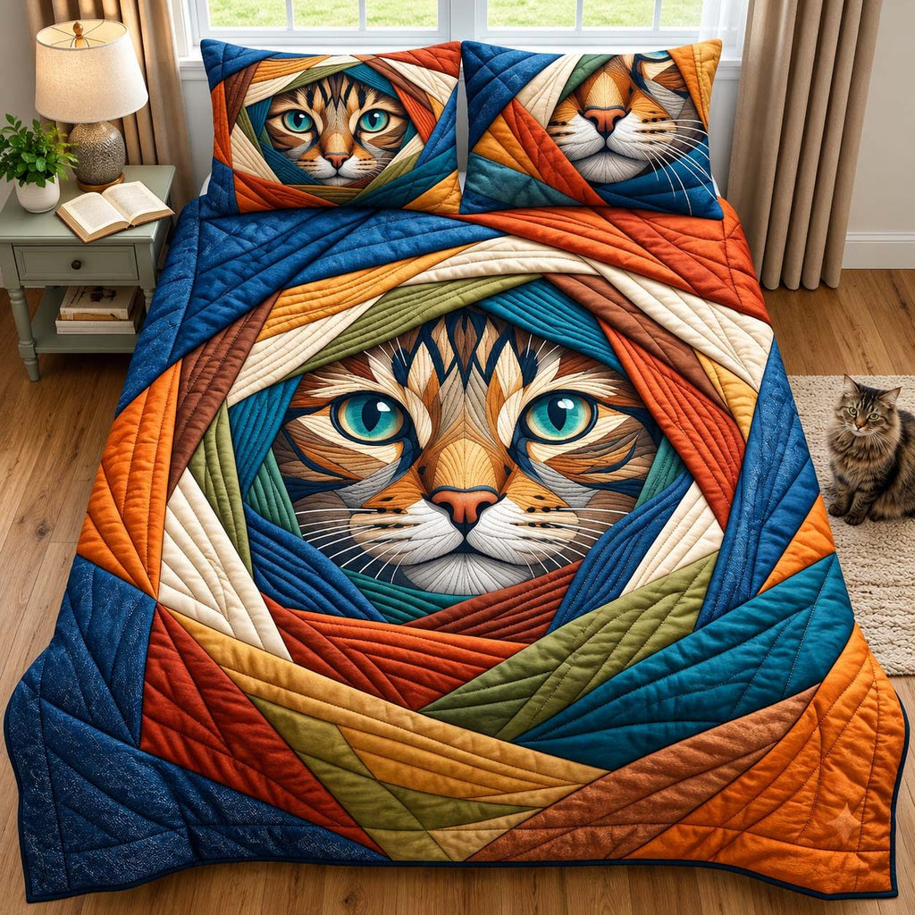 Boho Tabby quilted 3-piece bedding set on a made bed with two matching pillow shams
