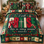 Bold Letters Praise Him In Every Season quilted 3-piece bedding set on a made bed with two matching pillow shams
