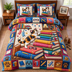 Book Stack Calico Cat quilted 3-piece bedding set on a made bed with two matching pillow shams