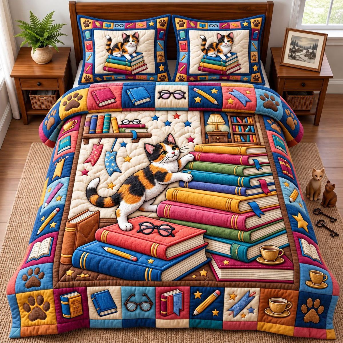 Book Stack Calico Cat quilted 3-piece bedding set on a made bed with two matching pillow shams