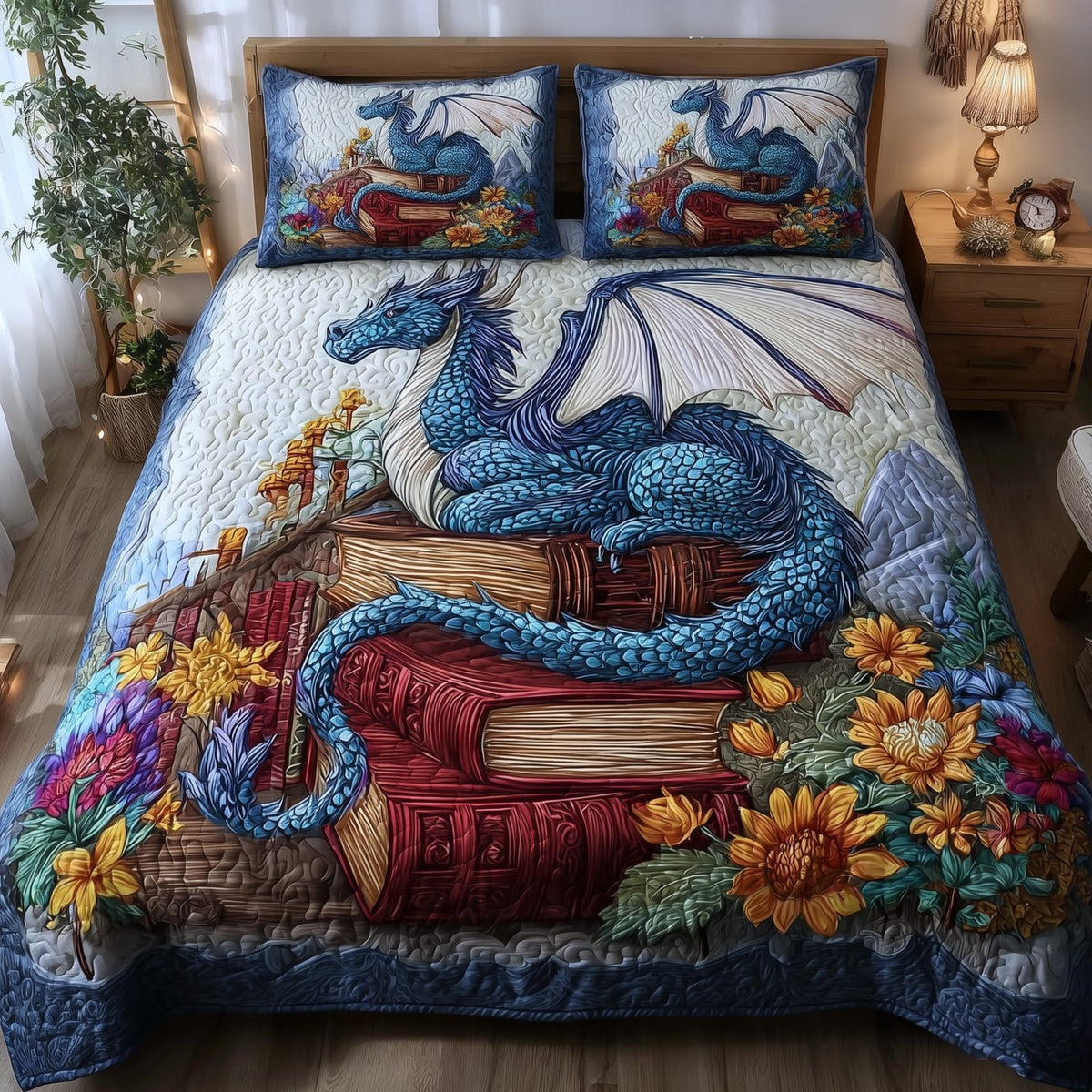 Bookish Dragon 3-Piece Quilted Bedding Set GFTONL5357 quilted 3-piece bedding set on a made bed with two matching pillow shams