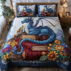 Bookish Dragon 3-Piece Quilted Bedding Set GFTONL5357 quilted 3-piece bedding set on a made bed with two matching pillow shams