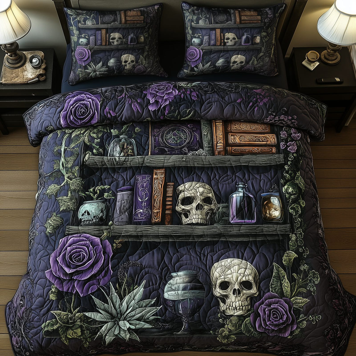 Bookshelf Of Death 3-Piece Quilted Bedding Set GFTOHD1107 quilted 3-piece bedding set on a made bed with two matching pillow shams