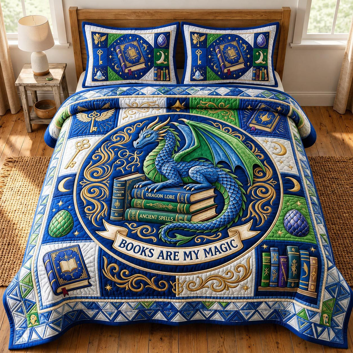 Bookworm Dragon 3-Piece Quilted Bedding Set GFTONMU627 quilted 3-piece bedding set on a made bed with two matching pillow shams