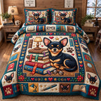 Bookworm Library Chihuahua quilted 3-piece bedding set on a made bed with two matching pillow shams
