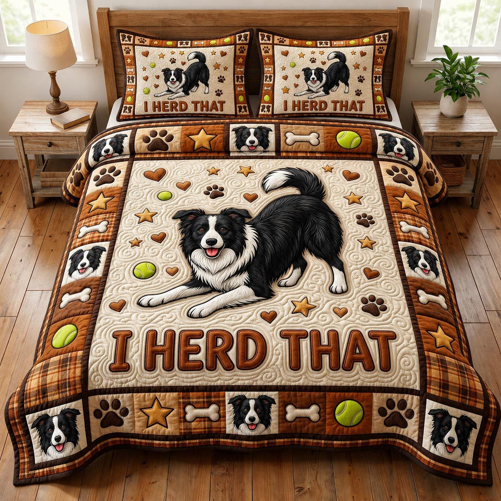 Border Collie 3-Piece Quilted Bedding Set GFTONMU1861 quilted 3-piece bedding set on a made bed with two matching pillow shams
