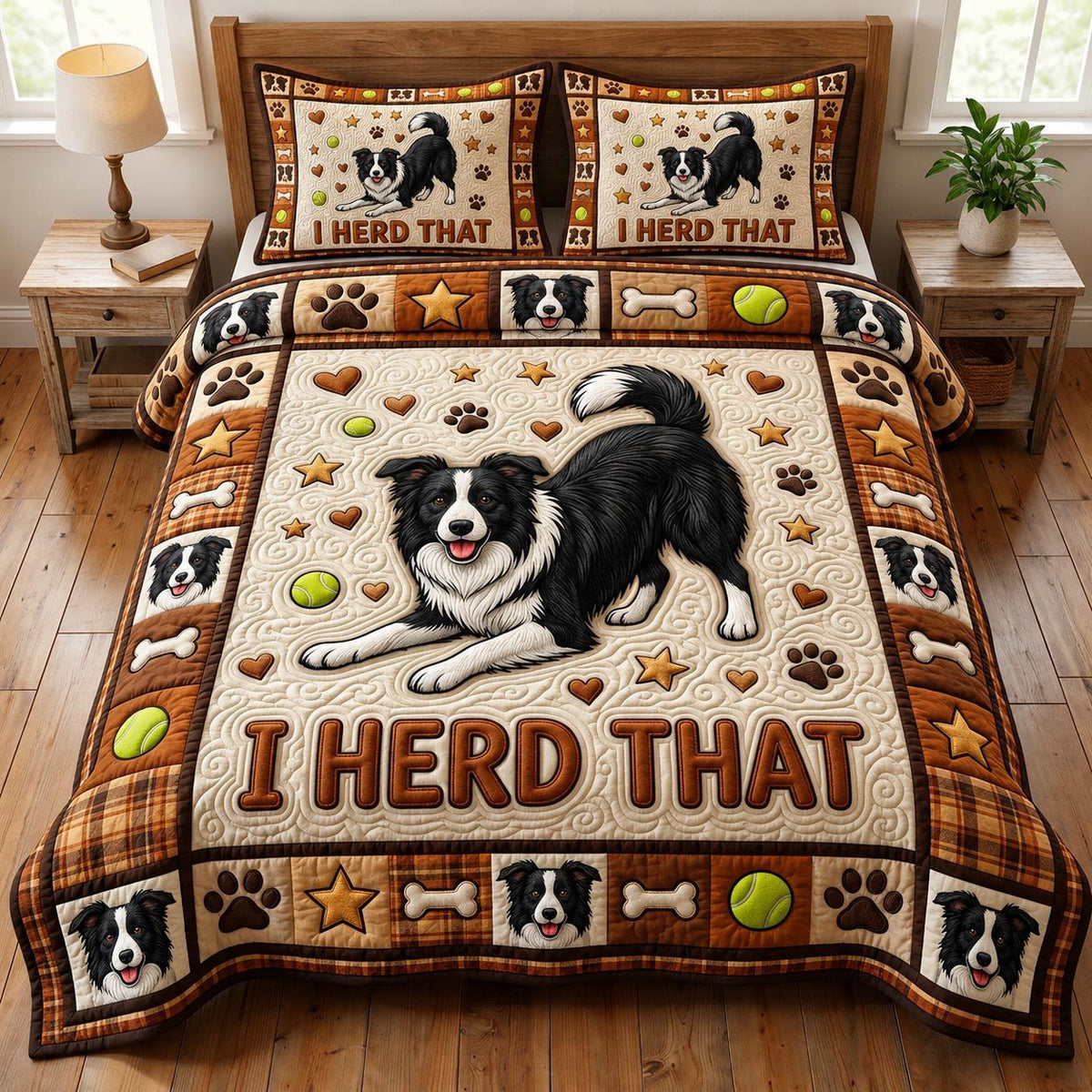 Border Collie 3-Piece Quilted Bedding Set GFTONMU1861 quilted 3-piece bedding set on a made bed with two matching pillow shams