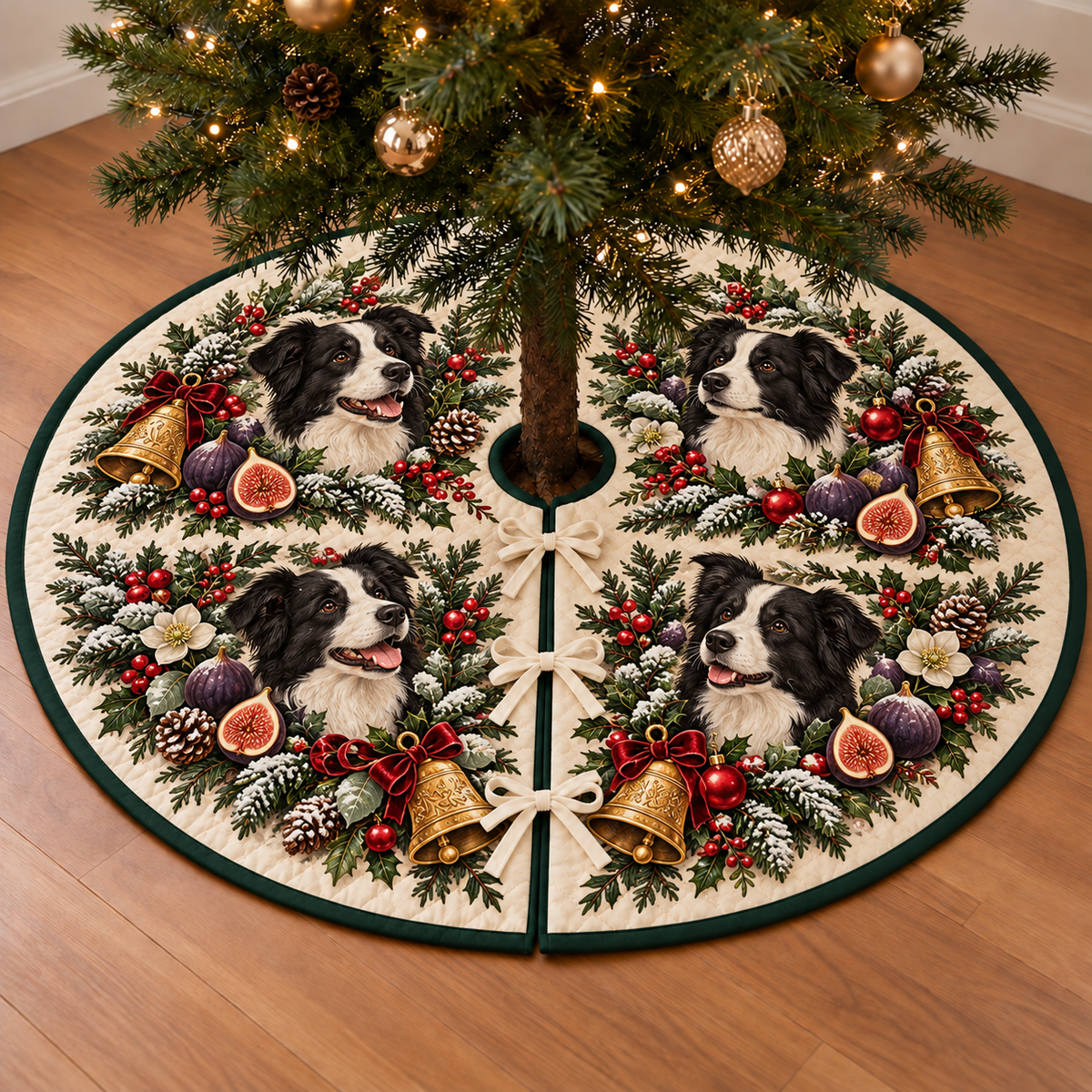 Border Collie Fig Toy Bell printed Christmas circular tree skirt; design mockup showing a flat printed depth effect.