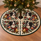 Border Collie Fig Toy Bell printed Christmas circular tree skirt; design mockup showing a flat printed depth effect.