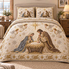 Born Divine quilted 3-piece bedding set on a made bed in a softly lit bedroom