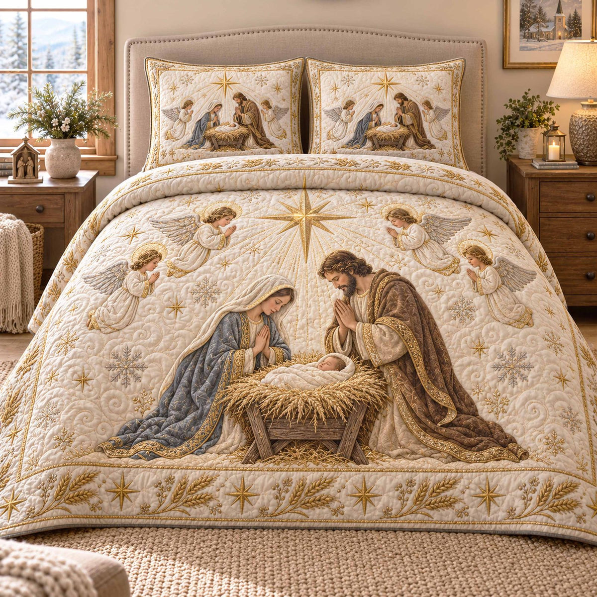 Born Divine quilted 3-piece bedding set on a made bed in a softly lit bedroom
