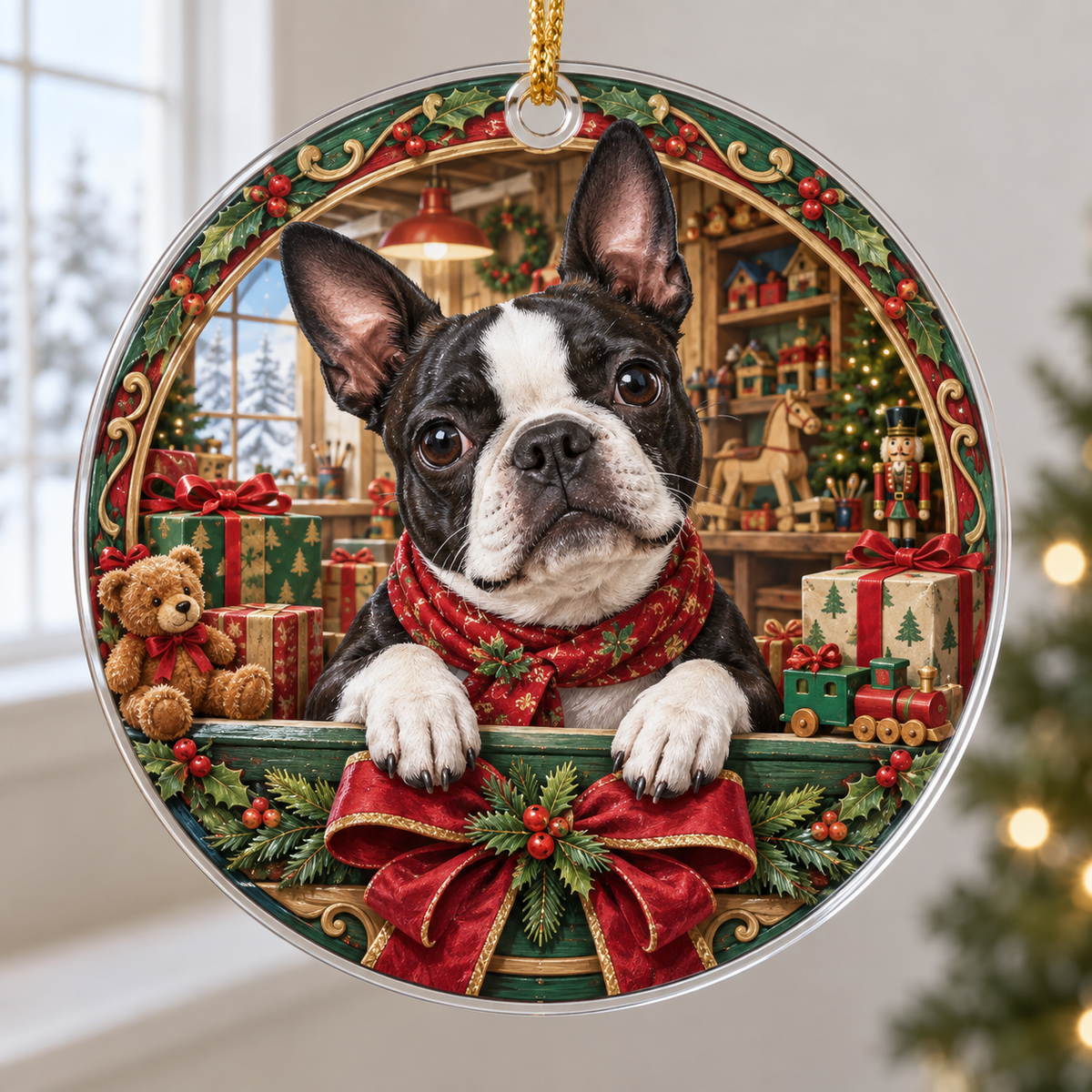 Boston Terrier Acrylic Christmas Ornament — digital product visualization