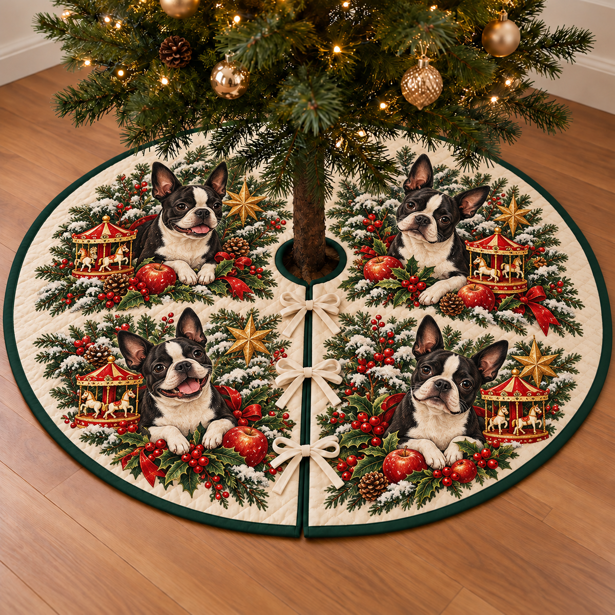 Boston Terrier Apple Toy Carousel printed Christmas circular tree skirt; design mockup showing a flat printed depth effect.