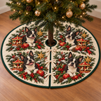 Boston Terrier Apple Toy Carousel printed Christmas circular tree skirt; design mockup showing a flat printed depth effect.