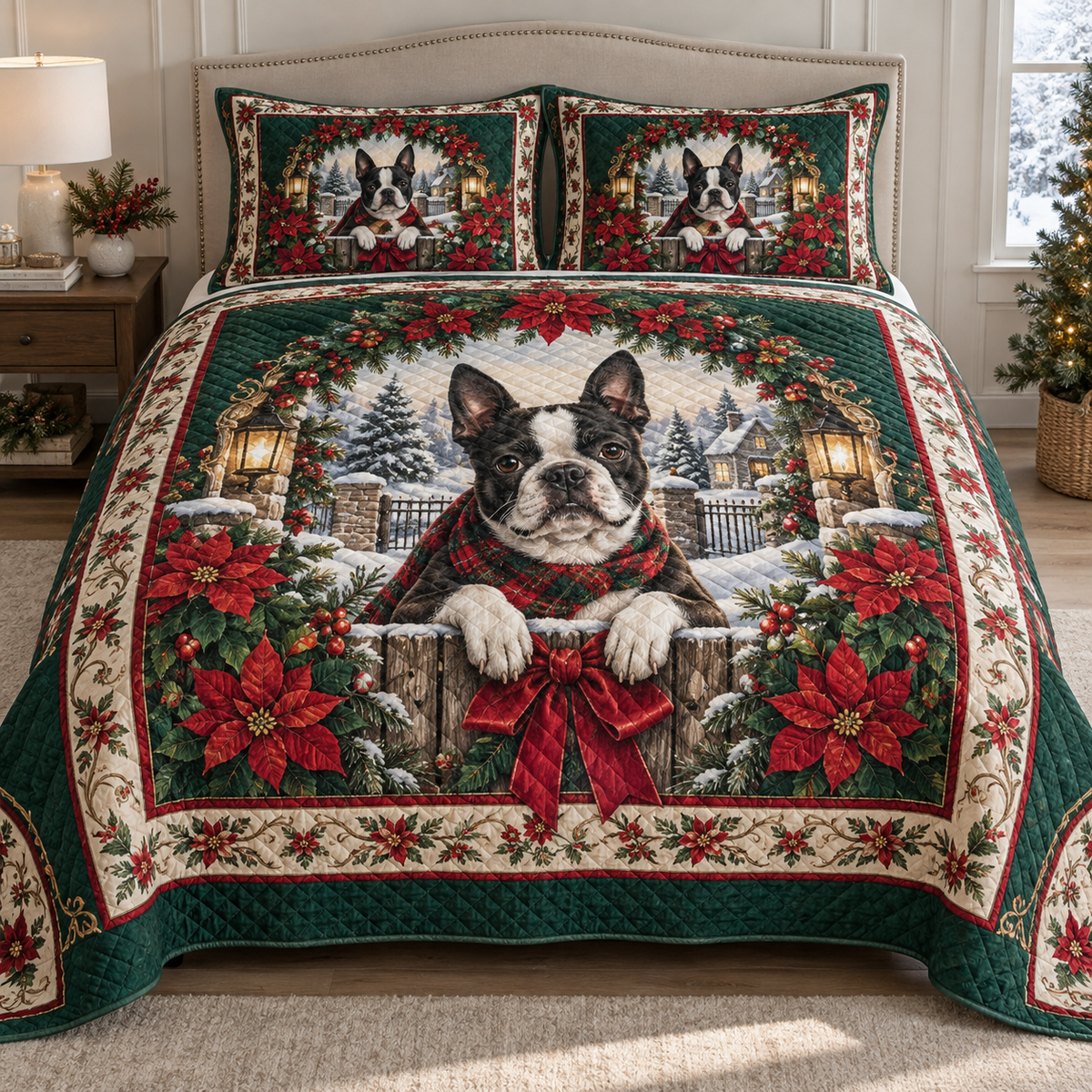 Boston Terrier Christmas 3-Piece Quilted Bedding Set — digital product visualization