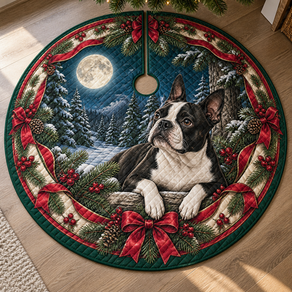 Boston Terrier Quilted Christmas Tree Skirt — digital product visualization