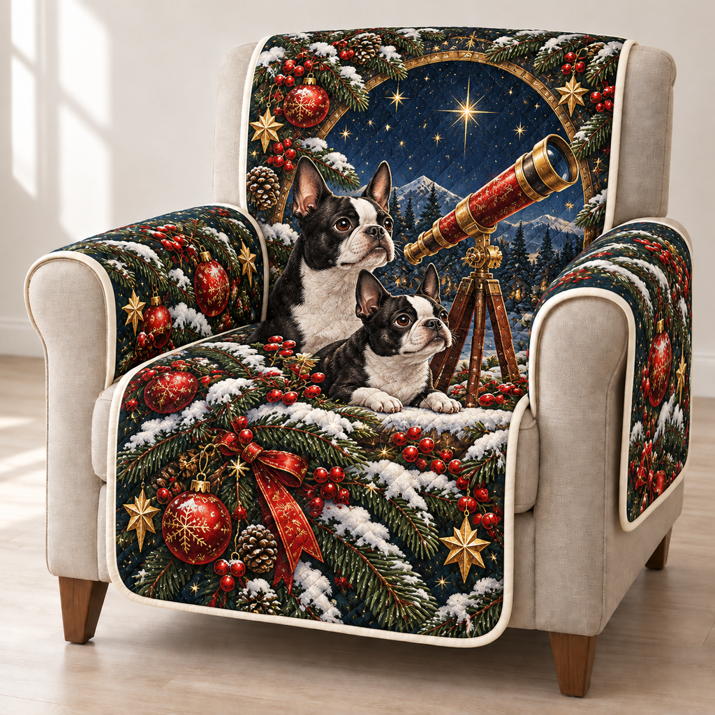 Boston Terrier Ruby Telescope printed Christmas quilted sofa cover; design mockup showing a flat printed depth effect.