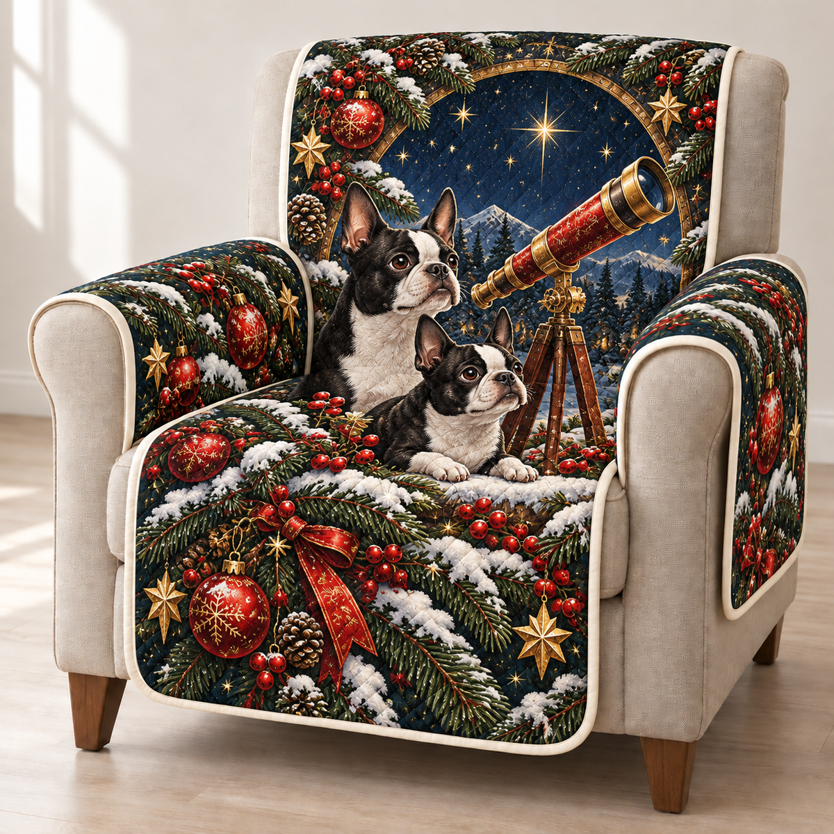 Boston Terrier Ruby Telescope printed Christmas quilted sofa cover; design mockup showing a flat printed depth effect.