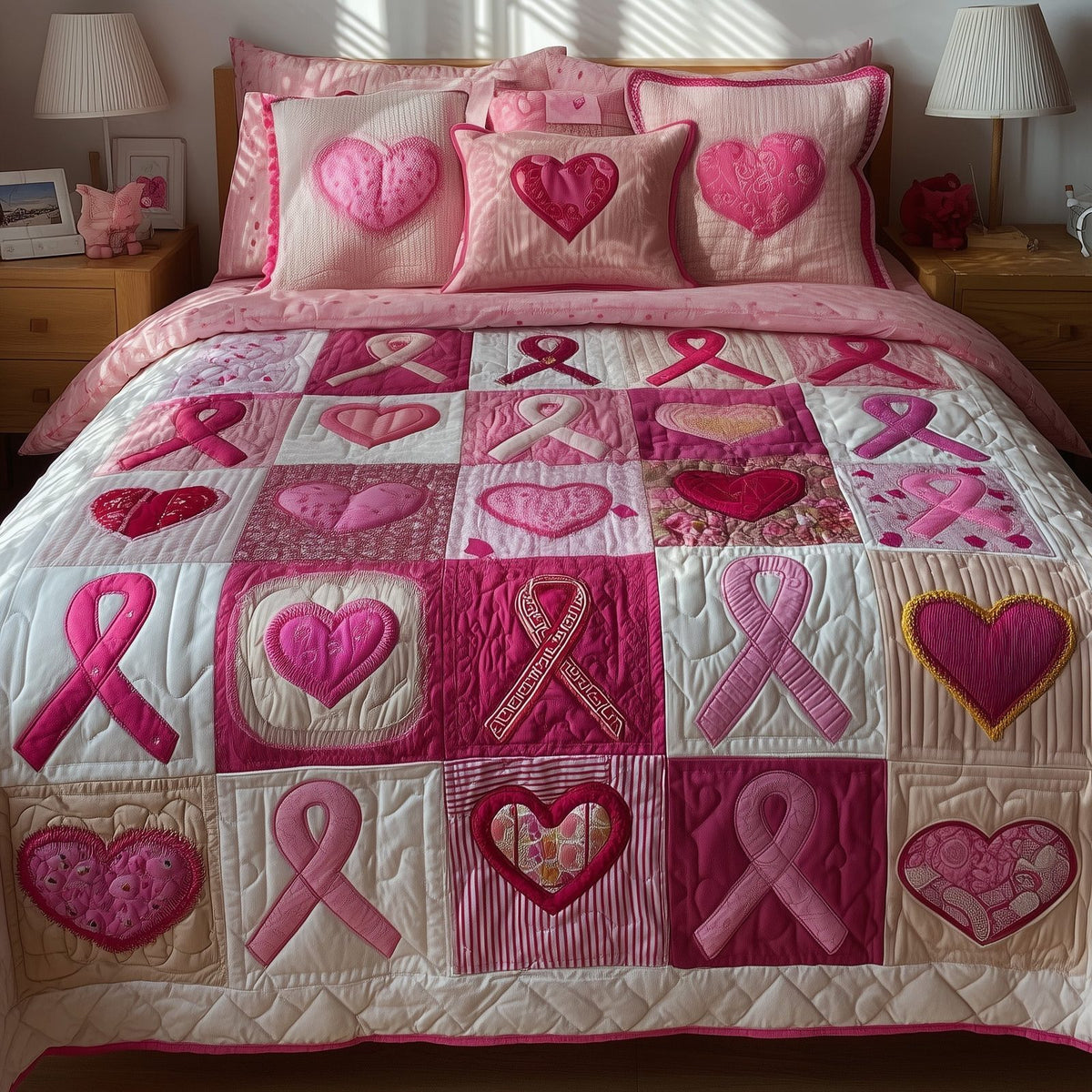 Breast Cancer 3-Piece Quilted Bedding Set GFTOMA2058 quilted 3-piece bedding set on a made bed with two matching pillow shams