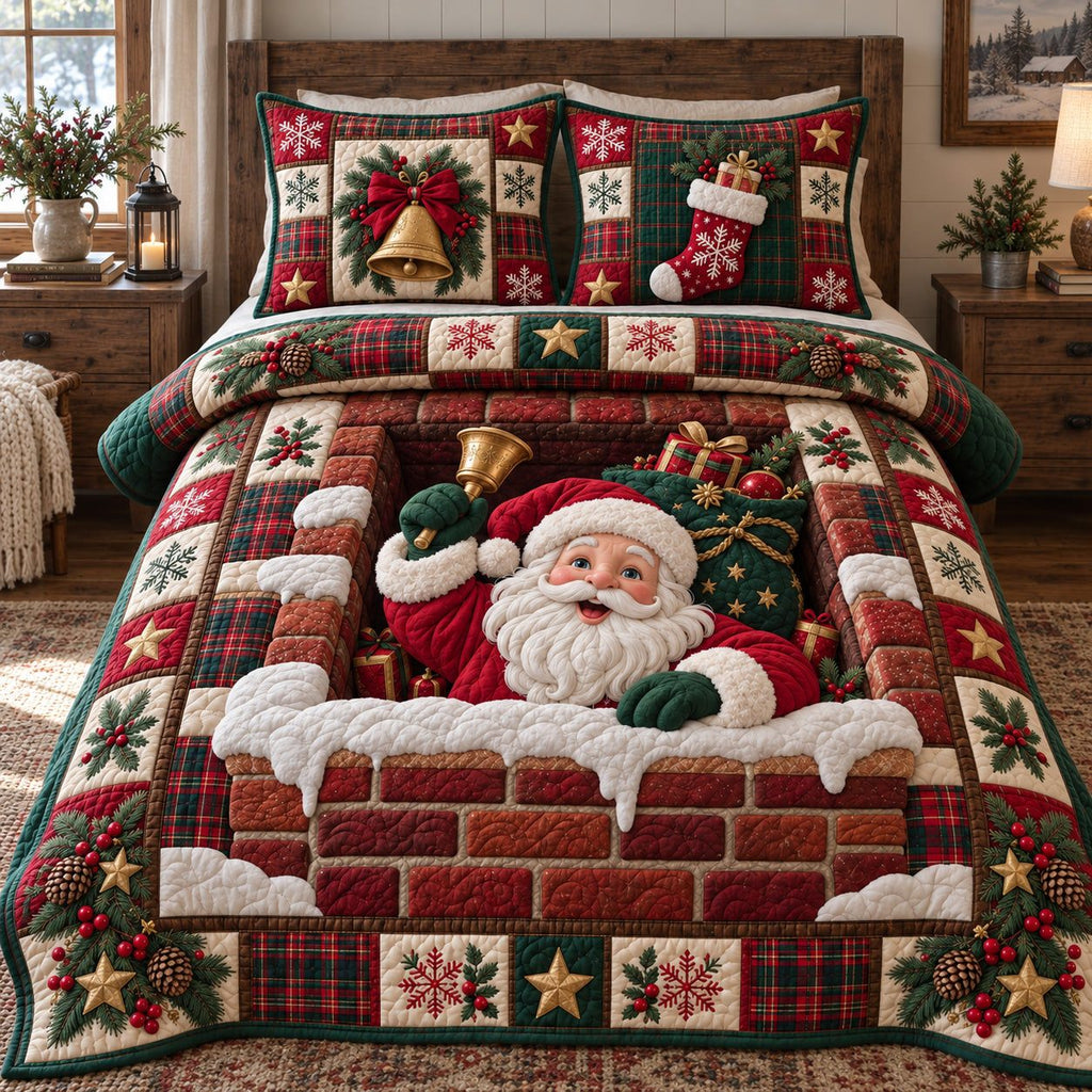 Brick Chimney Santa quilted 3-piece bedding set on a made bed in a winter-styled bedroom
