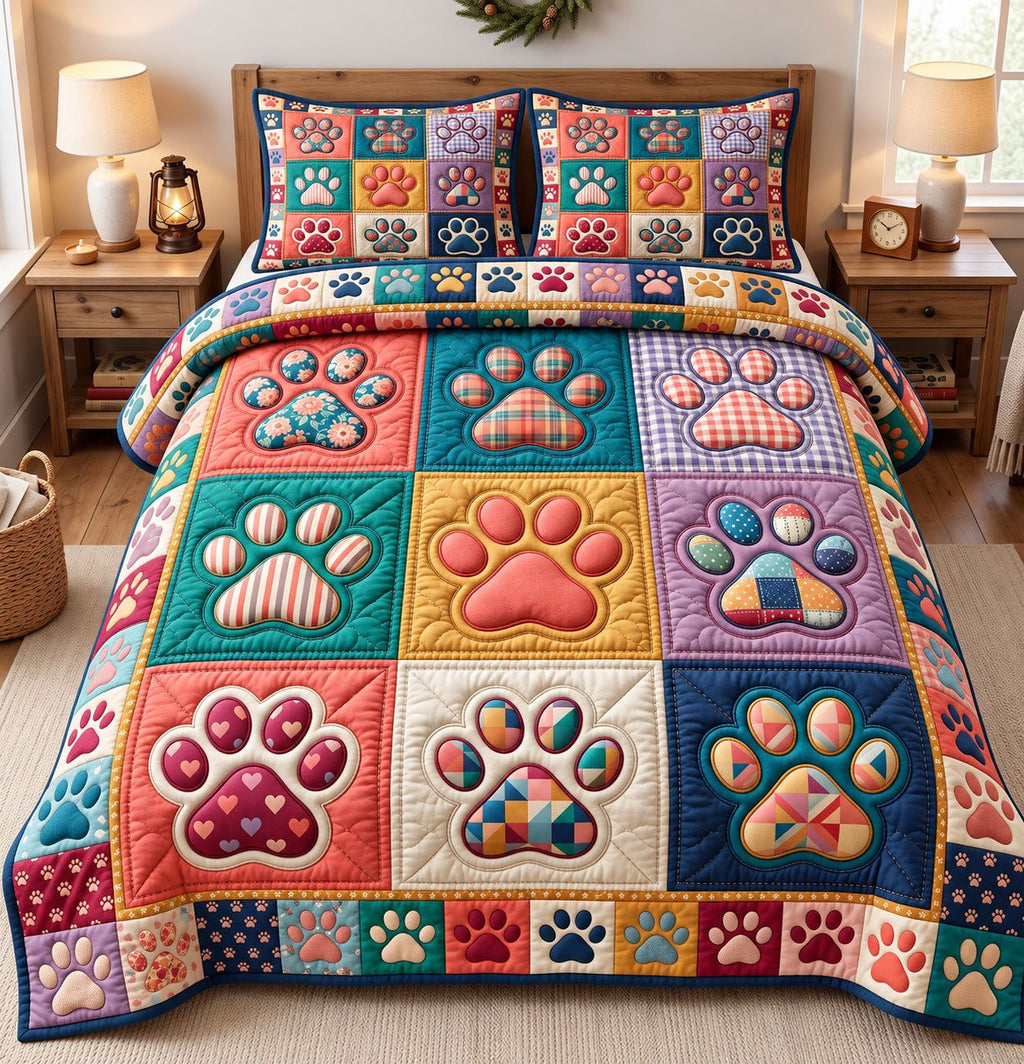 Bright Paw Grid Patchwork quilted 3-piece bedding set on a made bed in a farmhouse bedroom