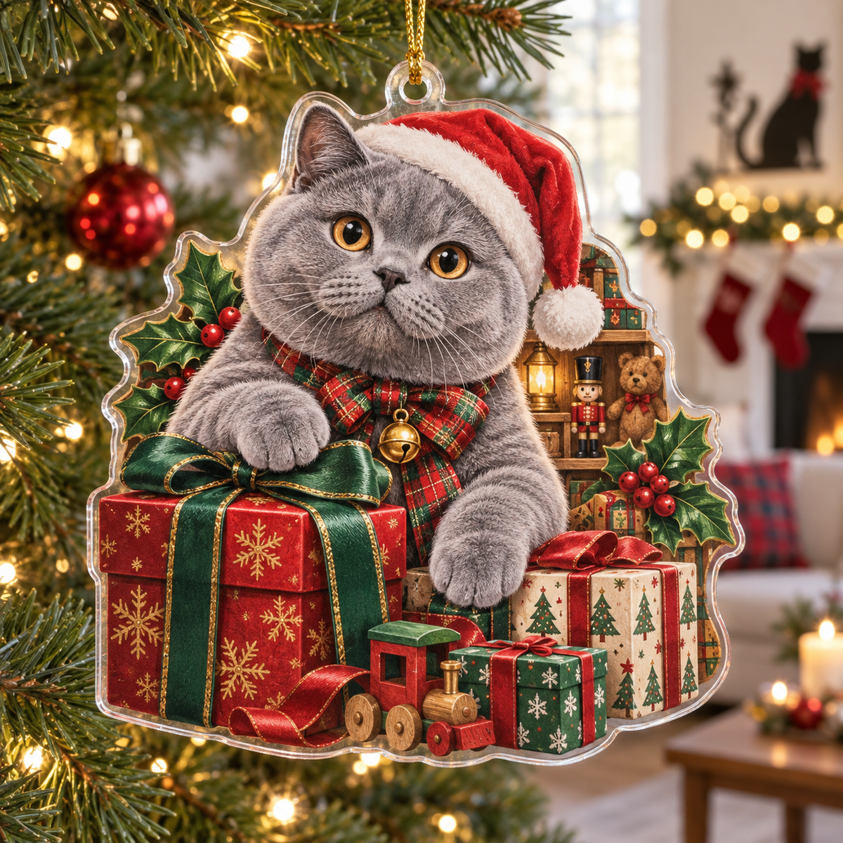 British Shorthair Cat Acrylic Christmas Ornament — digital product visualization