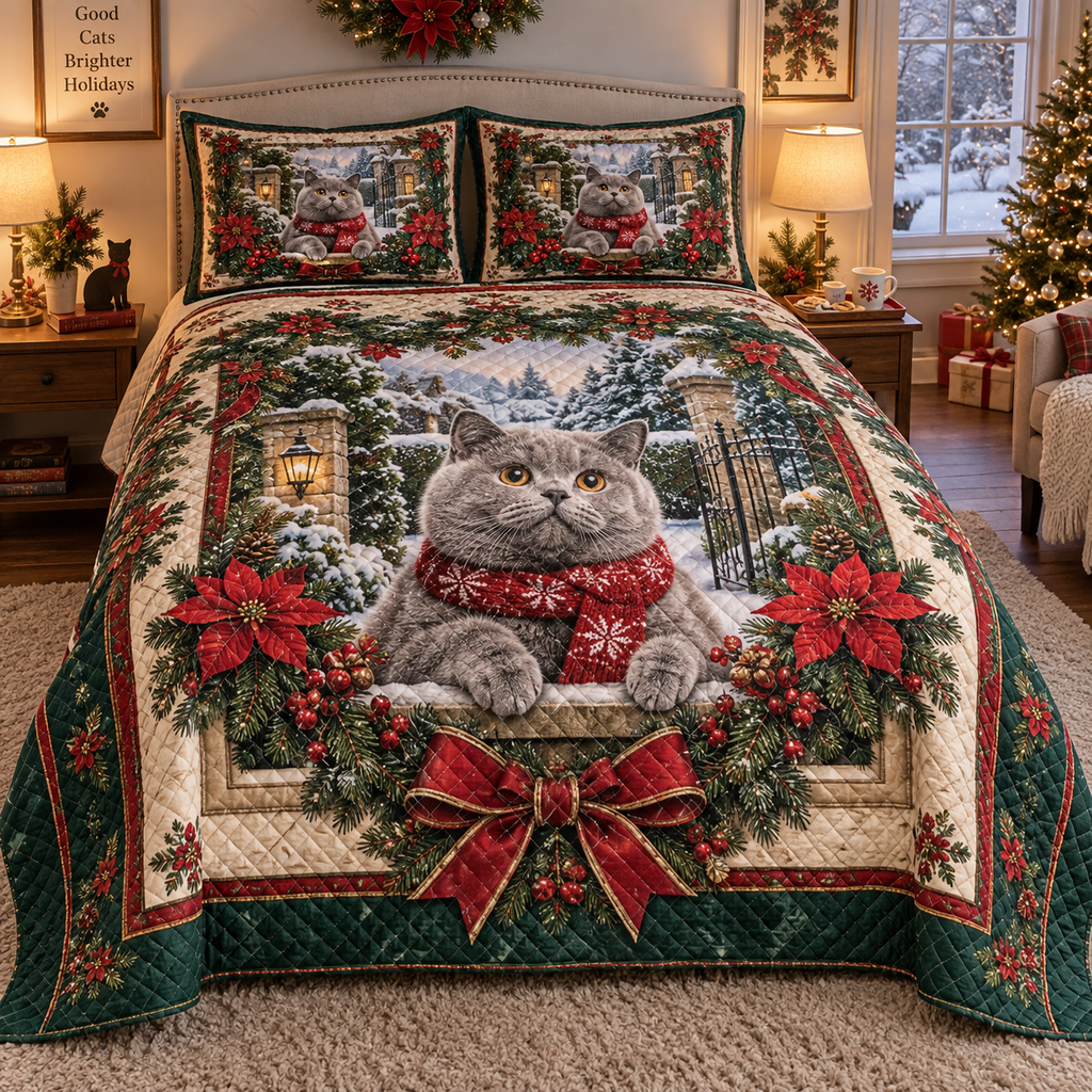 British Shorthair Cat Christmas 3-Piece Quilted Bedding Set — digital product visualization