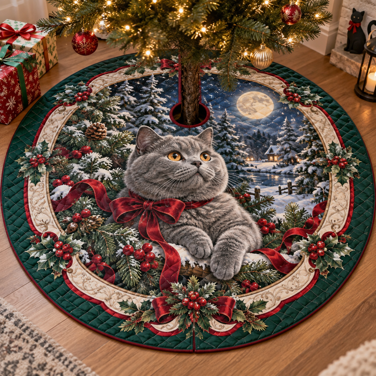 British Shorthair Cat Quilted Christmas Tree Skirt — digital product visualization