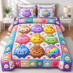 Bubble Tea Dumpling Friends quilted 3-piece bedding set on a made bed with two matching pillow shams