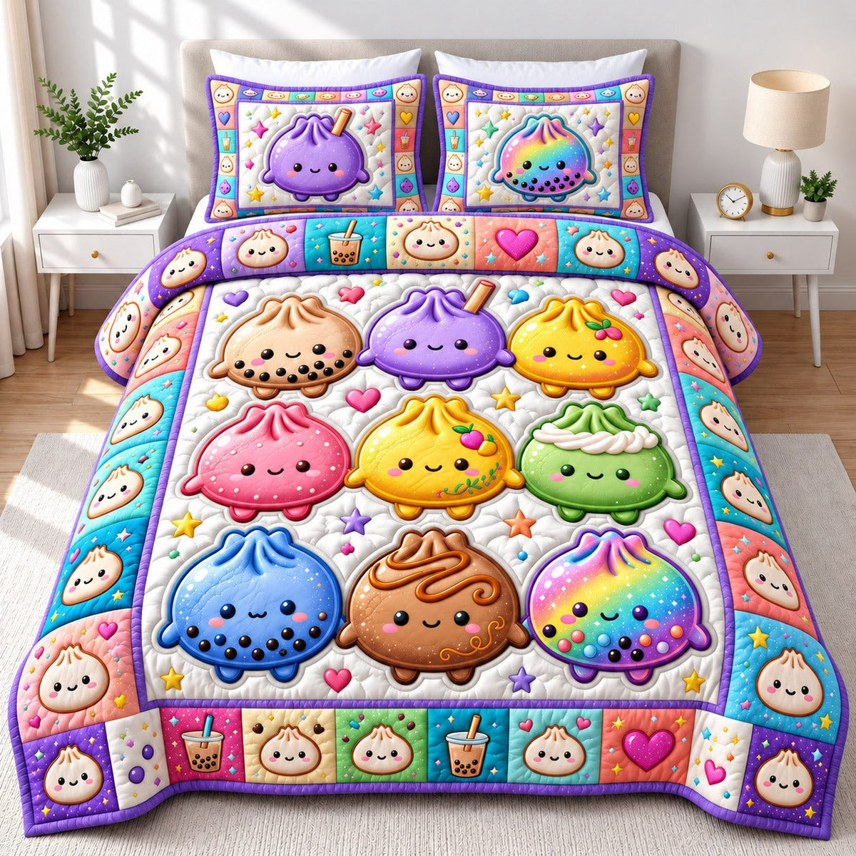 Bubble Tea Dumpling Friends quilted 3-piece bedding set on a made bed with two matching pillow shams
