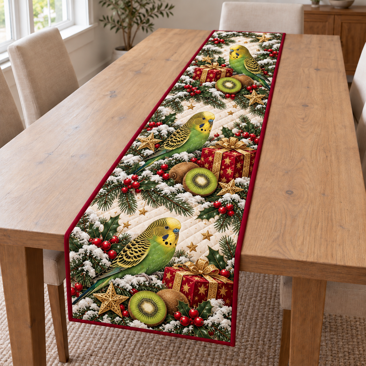 Budgerigar Kiwi Star Gift printed Christmas quilted table runner; design mockup showing a flat printed depth effect.