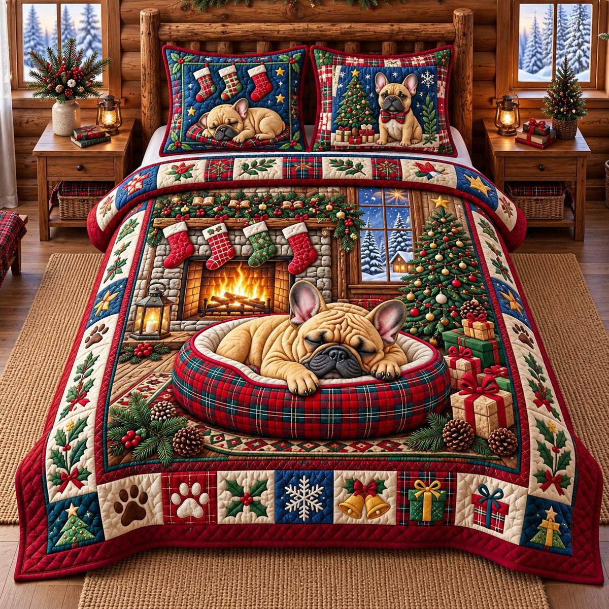 Bulldog Christmas quilted 3-piece bedding set on a made bed in a winter-styled bedroom