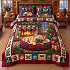 Bulldog Christmas quilted 3-piece bedding set on a made bed in a winter-styled bedroom