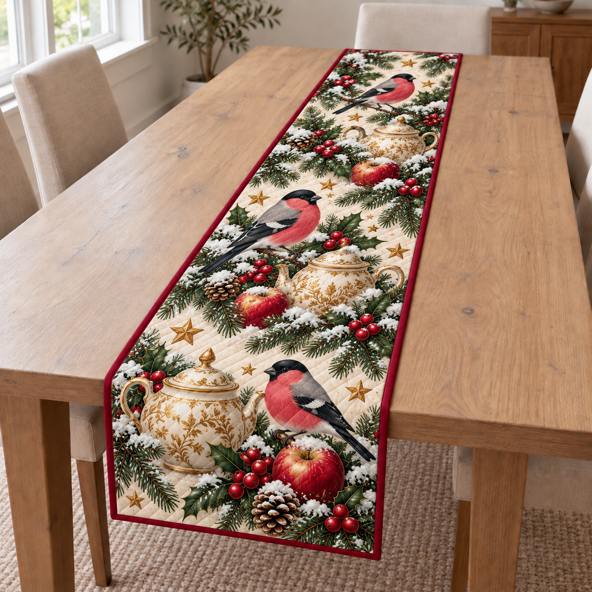 Bullfinch Apple Toy Teapot printed Christmas quilted table runner; design mockup showing a flat printed depth effect.