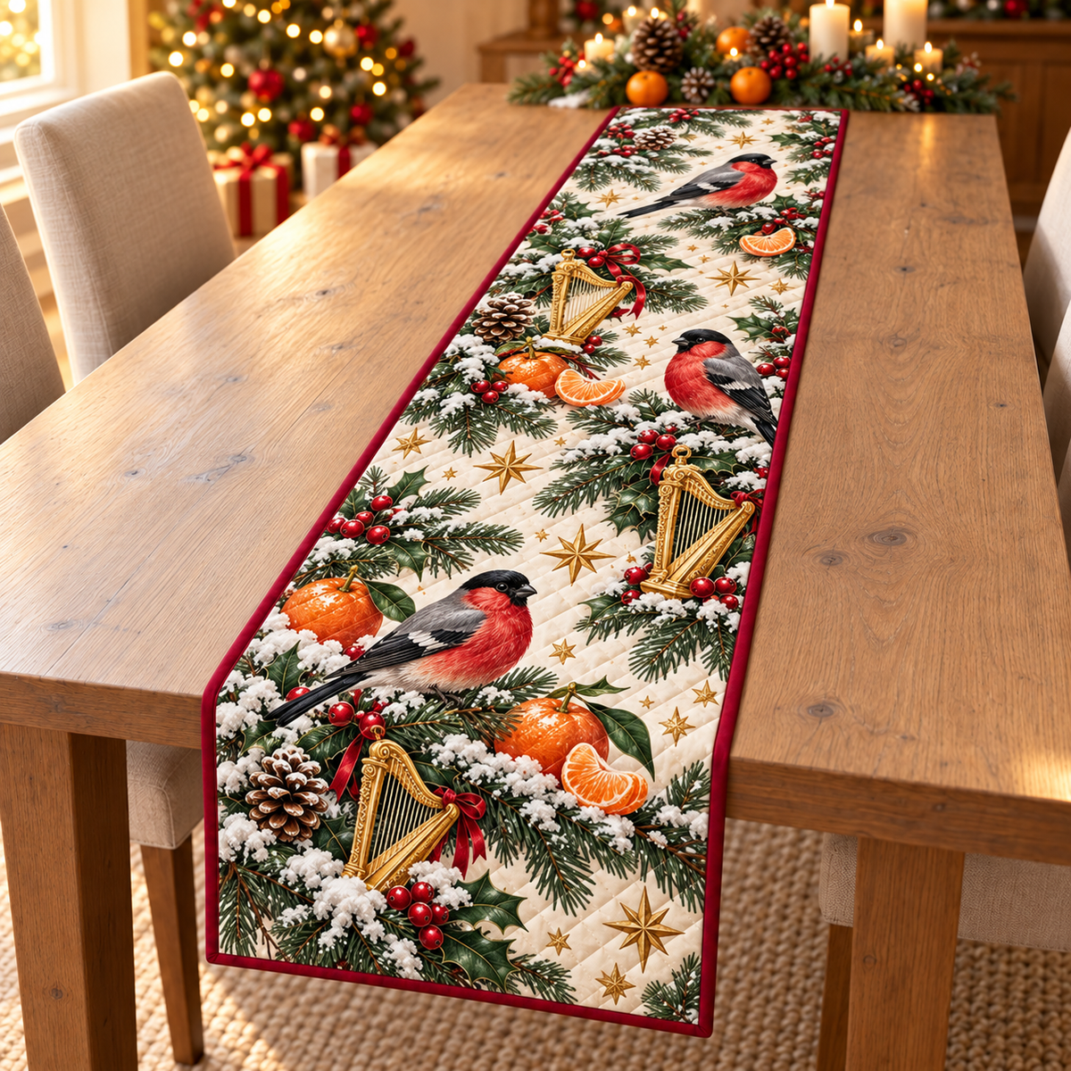 Bullfinch Tangerine Golden Harp printed Christmas quilted table runner; design mockup showing a flat printed depth effect.