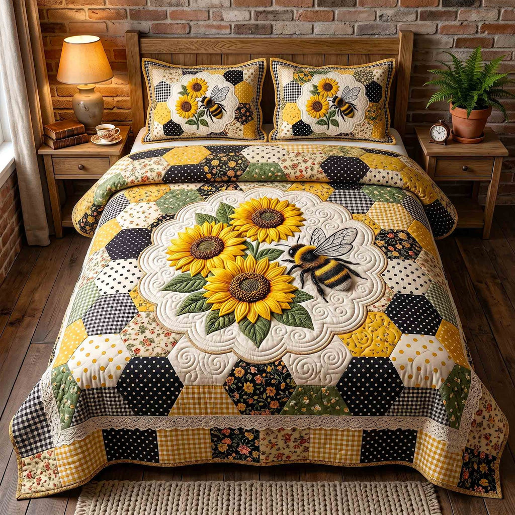 Bumblebee Sunflower Patch quilted 3-piece bedding set on a made bed with two matching pillow shams