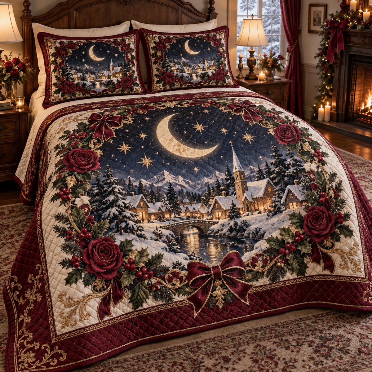 Burgundy Celestial Christmas 3-Piece Quilted Bedding Set — digital product visualization