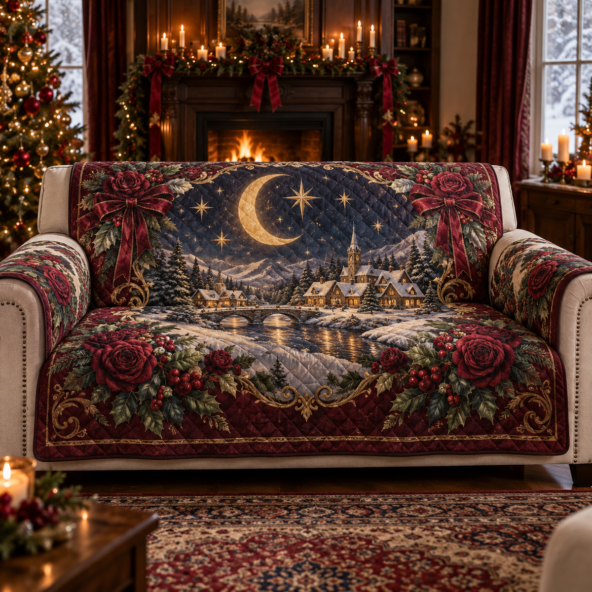 Burgundy Celestial Christmas Quilted Sofa Cover — digital product visualization