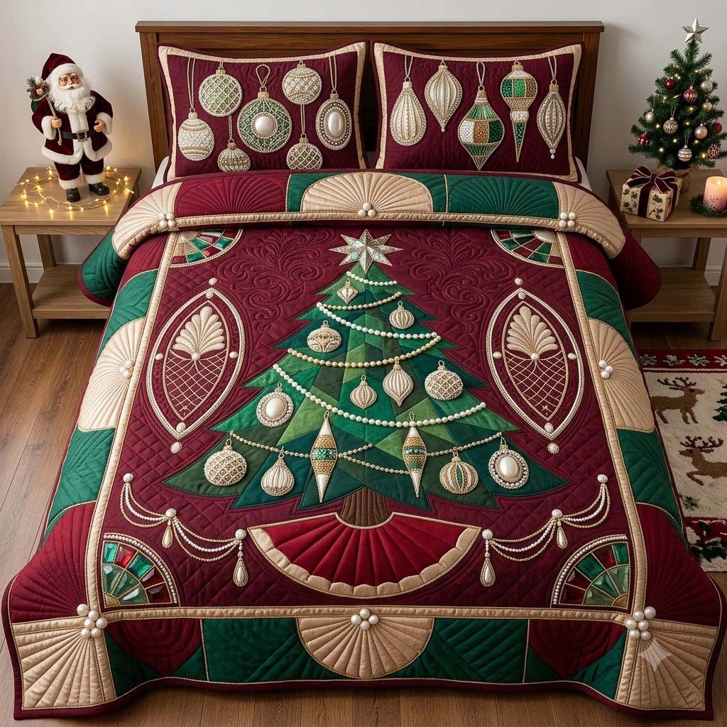 Burgundy Heirloom Bauble Tree 3-Piece Quilted Bedding Set GDTONTD2014 quilted 3-piece bedding set on a made bed in a winter-styled bedroom