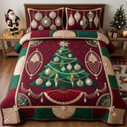 Burgundy Heirloom Bauble Tree 3-Piece Quilted Bedding Set GDTONTD2014 quilted 3-piece bedding set on a made bed in a winter-styled bedroom