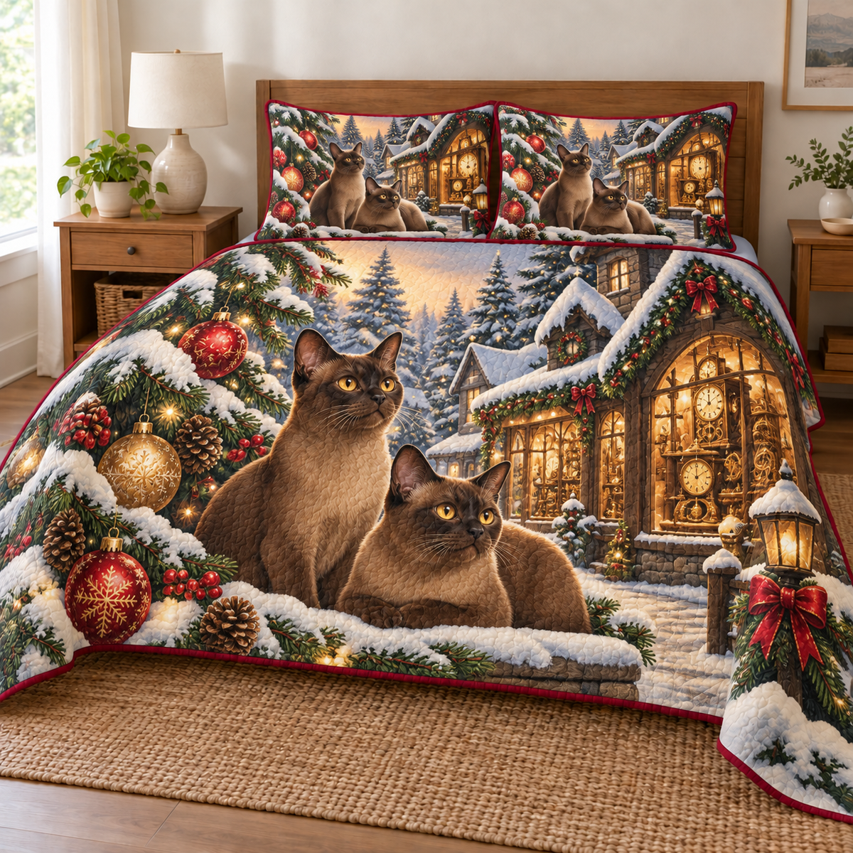 Burmese Cat Snowy Clockshop printed Christmas quilt and two matching pillow shams; design mockup showing a flat printed depth effect.