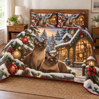 Burmese Cat Snowy Clockshop printed Christmas quilt and two matching pillow shams; design mockup showing a flat printed depth effect.